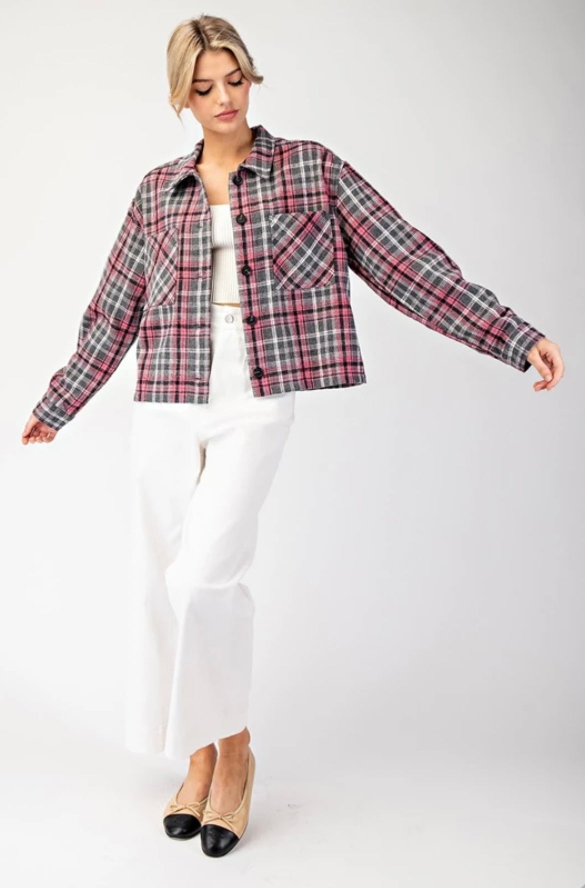 JK9095 MULTI-COLOR PLAID BUTTON DOWN SHACKET