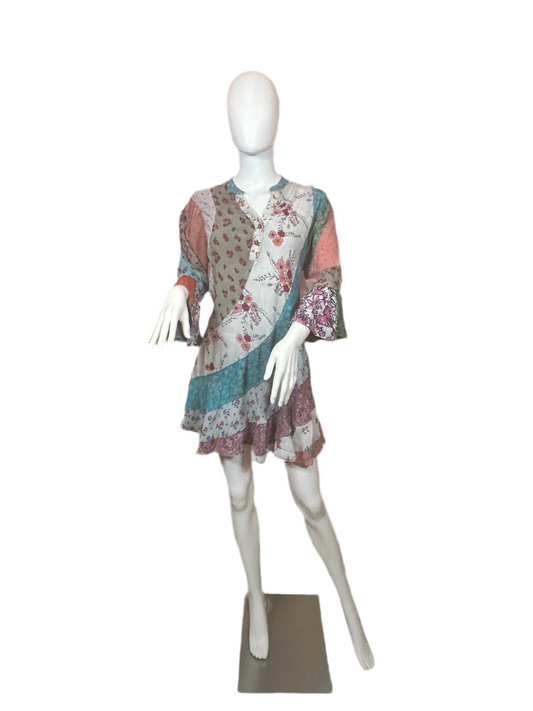 DR22602 Boho Patchwork Overdyed Babydoll Dress