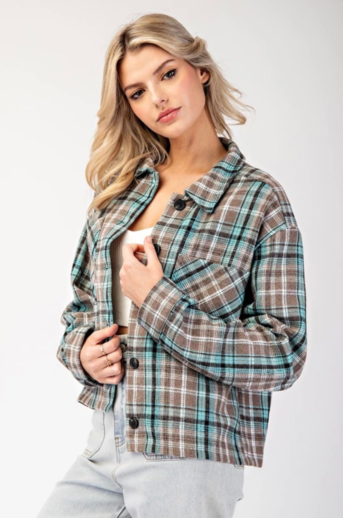 JK9095 MULTI-COLOR PLAID BUTTON DOWN SHACKET