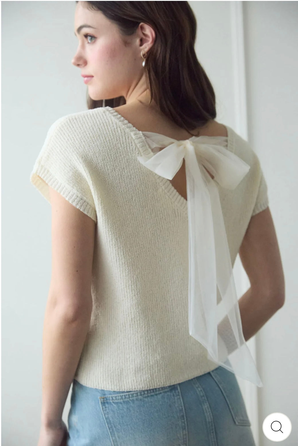 CR2591 BACK SHEER TIE SHORT SLEEVE KNIT SWEATER