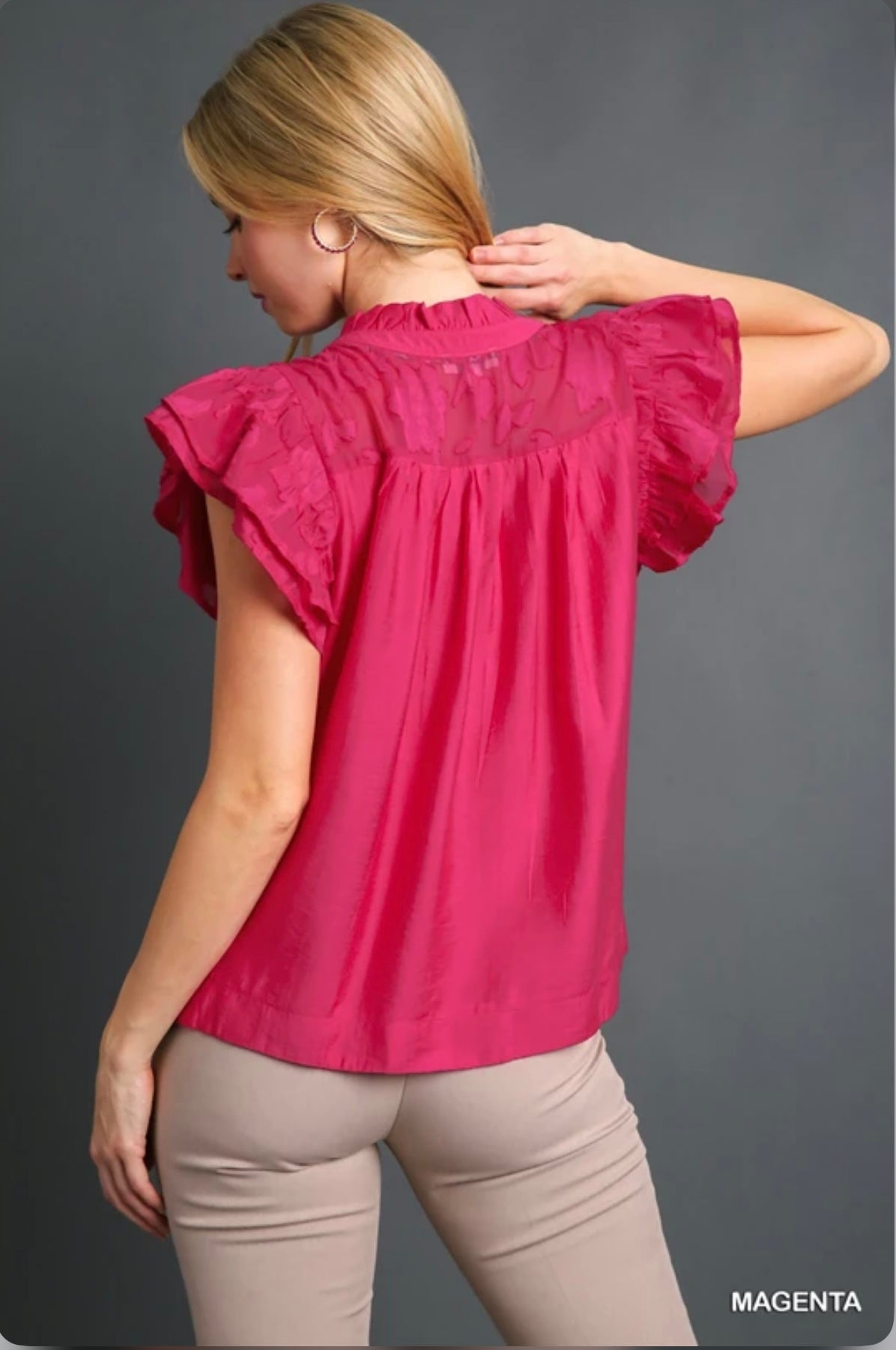 R0325 Jacquard Lace & Solid Woven Mixed Top with Double Flutter Sleeve