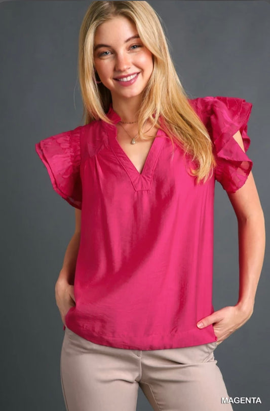 R0325 Jacquard Lace & Solid Woven Mixed Top with Double Flutter Sleeve