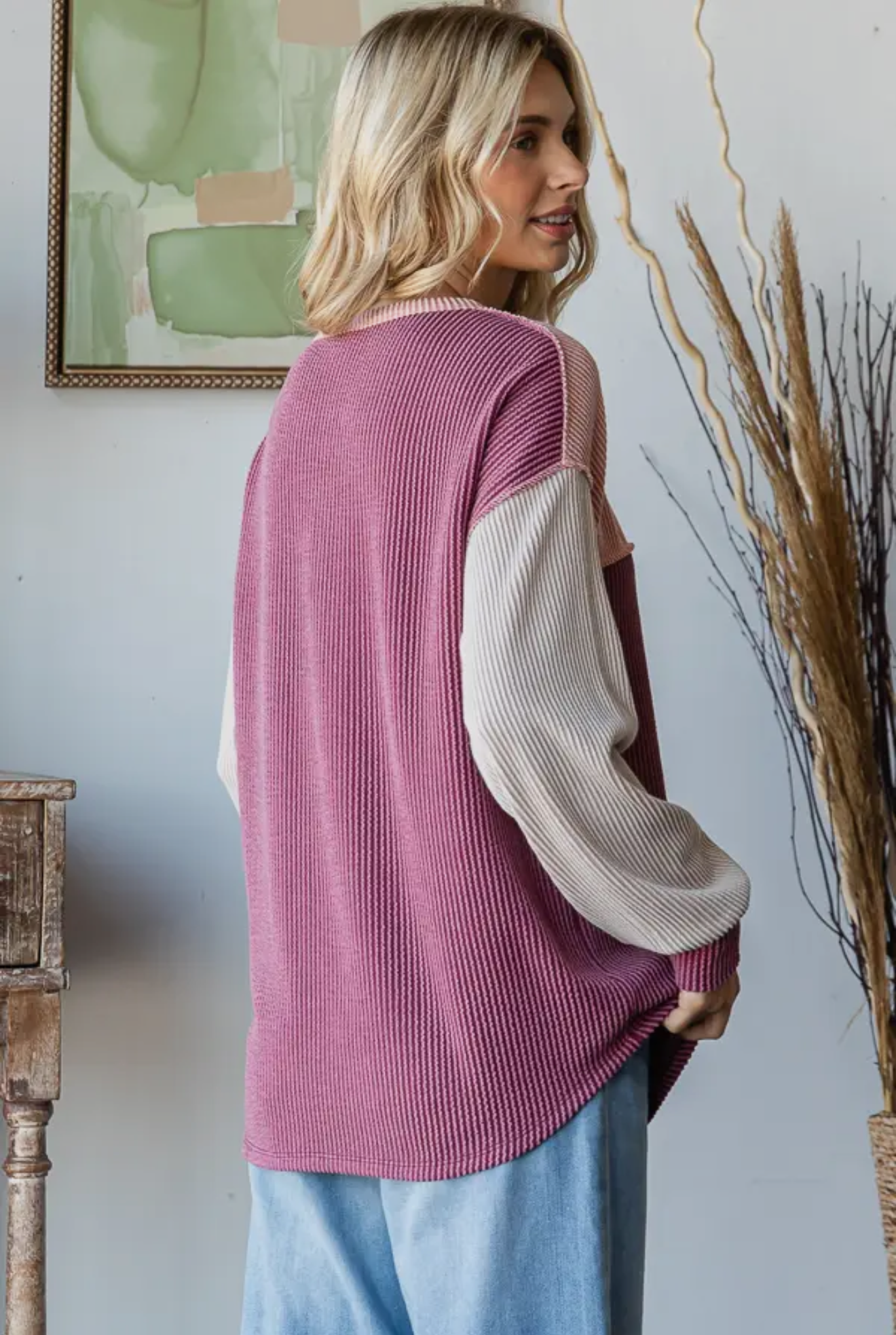 T5658 Color Block Button Front Top