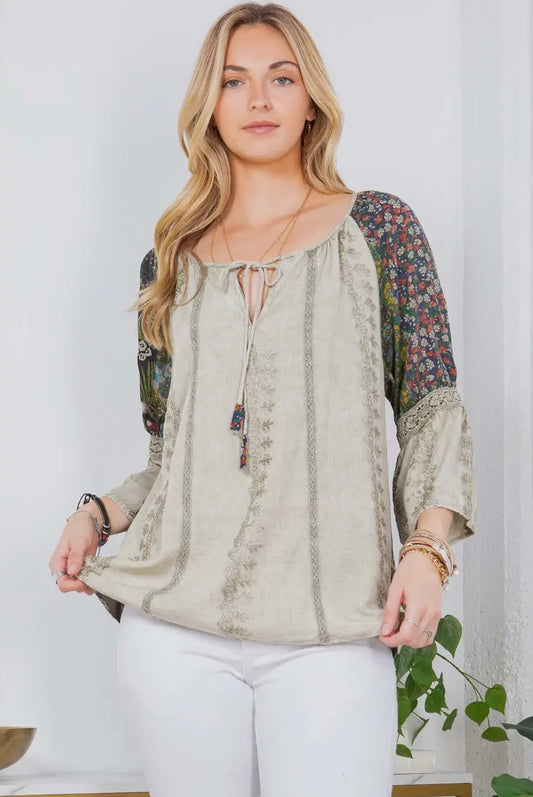 Enchanting Whimsy Overdyed Rayon Peasant Top With Embroidery