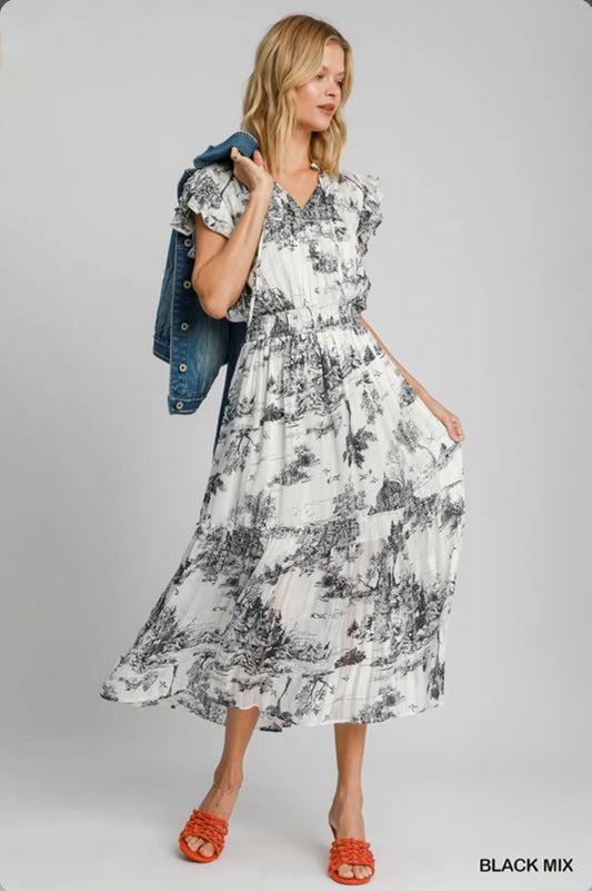 K9274 Two Tone Landscape Print Midi Dress