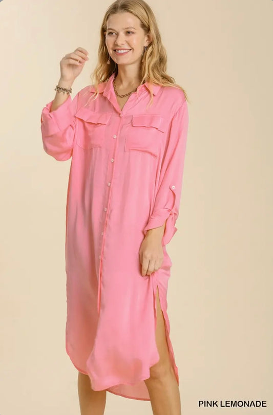 K6403 Satin Button Down Midi Dress Satin Button Down Midi Dress