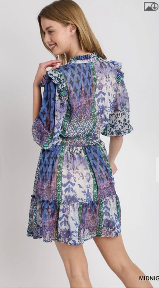 R0832 Mixed Print Ruffle Neckline with Front Tie Dress with Elastic Smocked Waistband