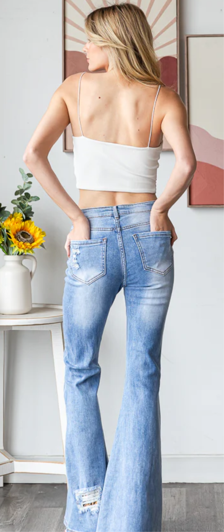 BP1142 | STUD DETAIL DISTRESSED STRECHY FLARE DENIM JEANS