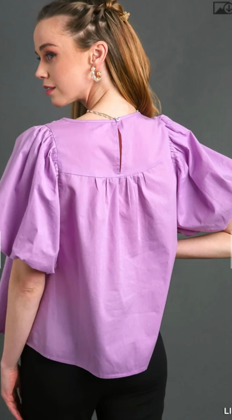 R0298 Crochet Lace Top 3/4 Puff Sleeve & Back Keyhole Button