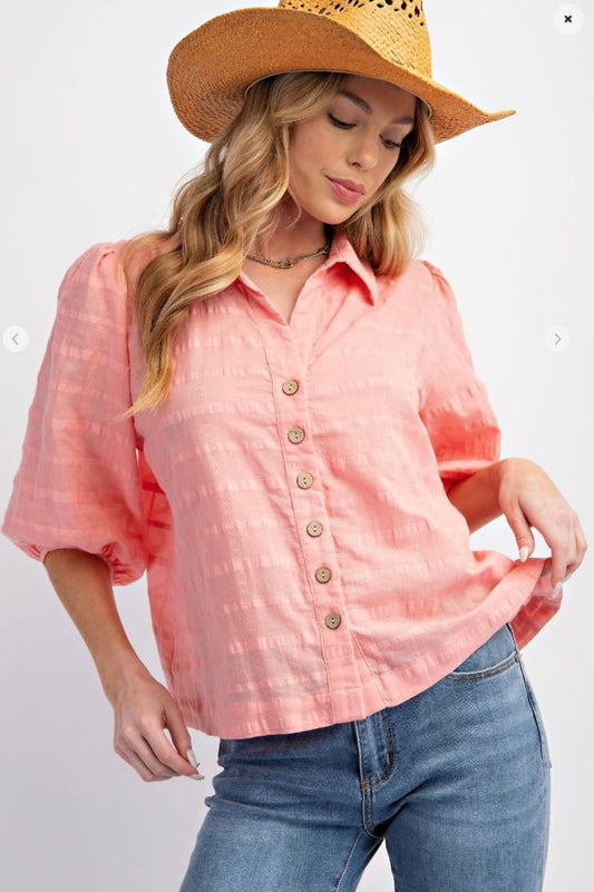 ET70338 TEXTURED VOILE BUTTON DOWN SHIRT -CORAL