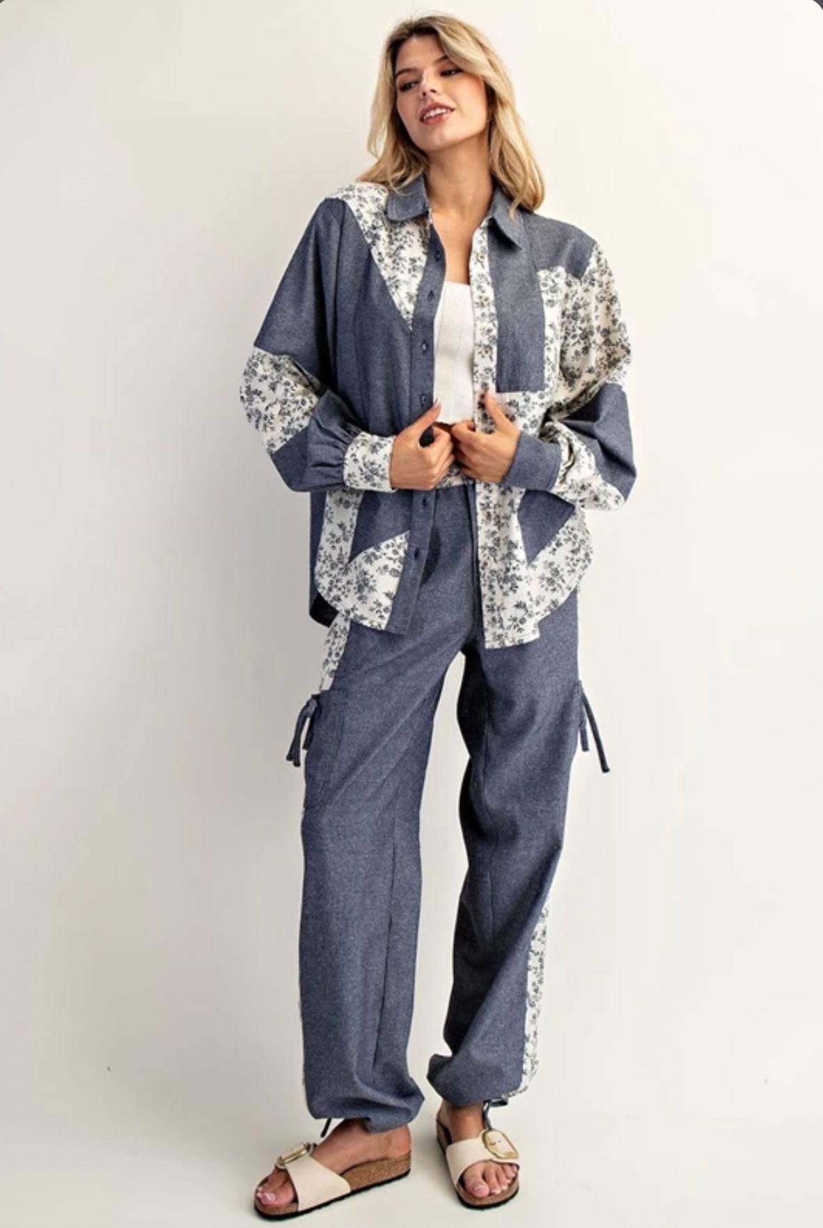 TY13137 Color Block Button Down Denim Shirt