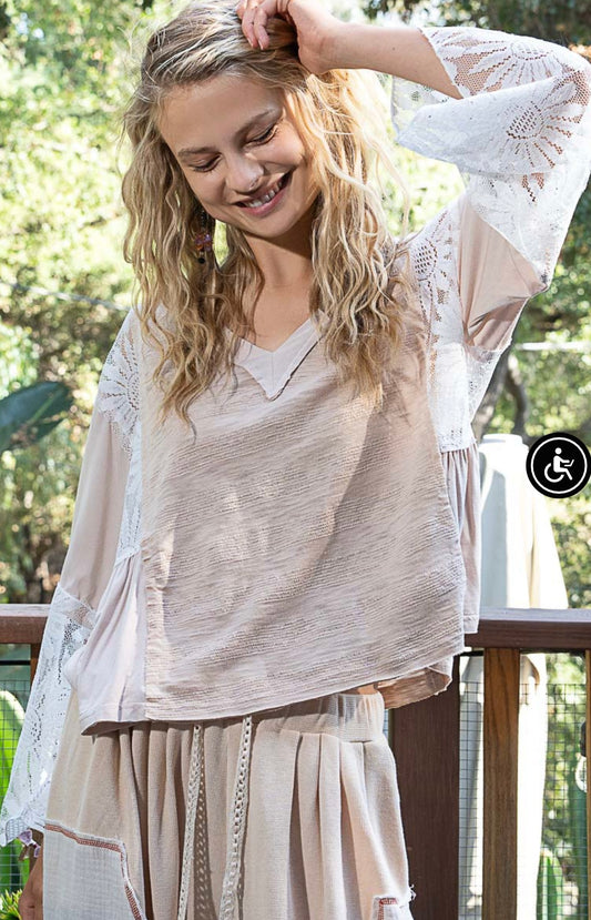 YKT1111 V-neck, flare sleeve, relaxed fit top in textured slub and POL jersey with lace detail-Indigo