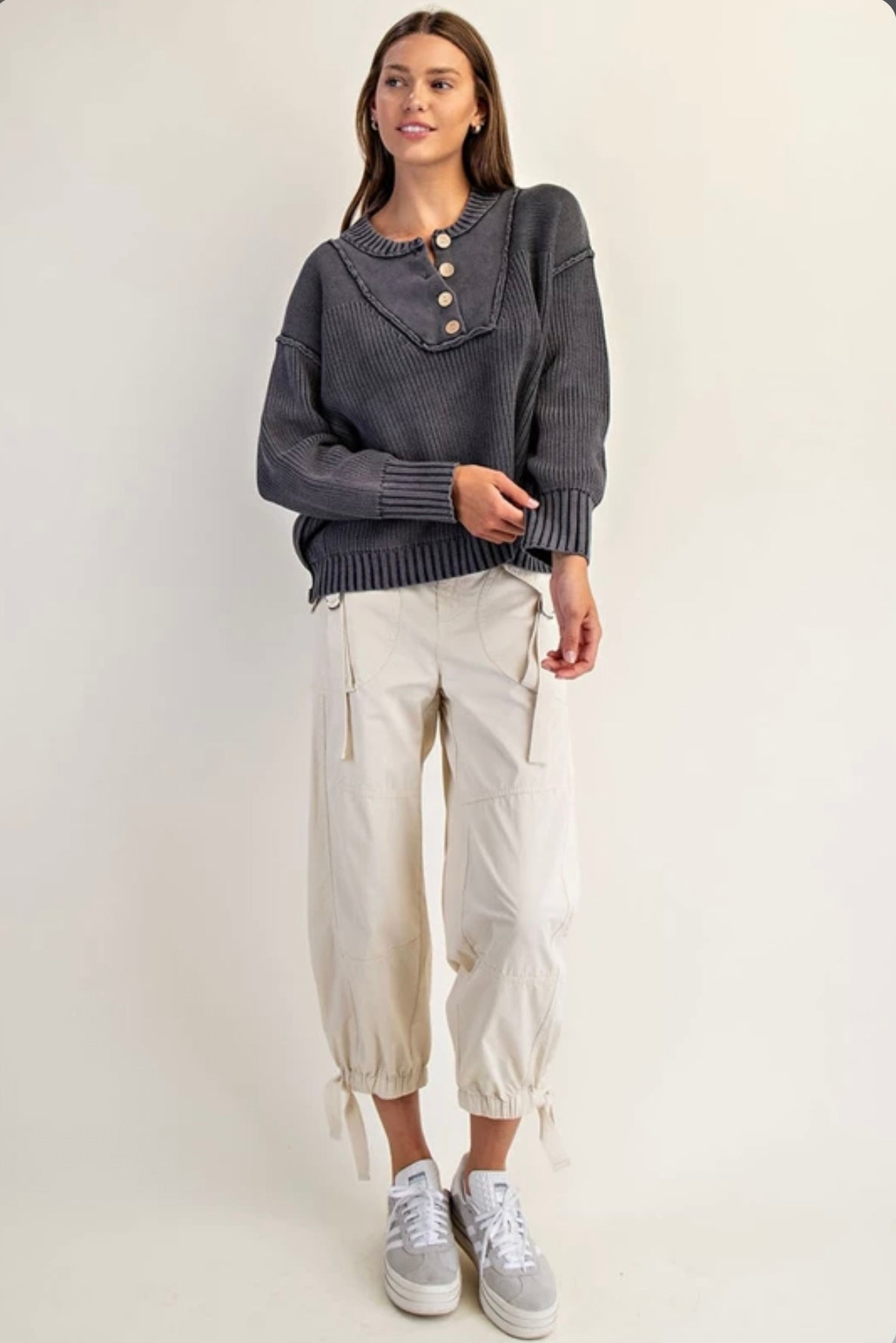 SK14167 
Half Button Front Long Sleeve Knit Pullover