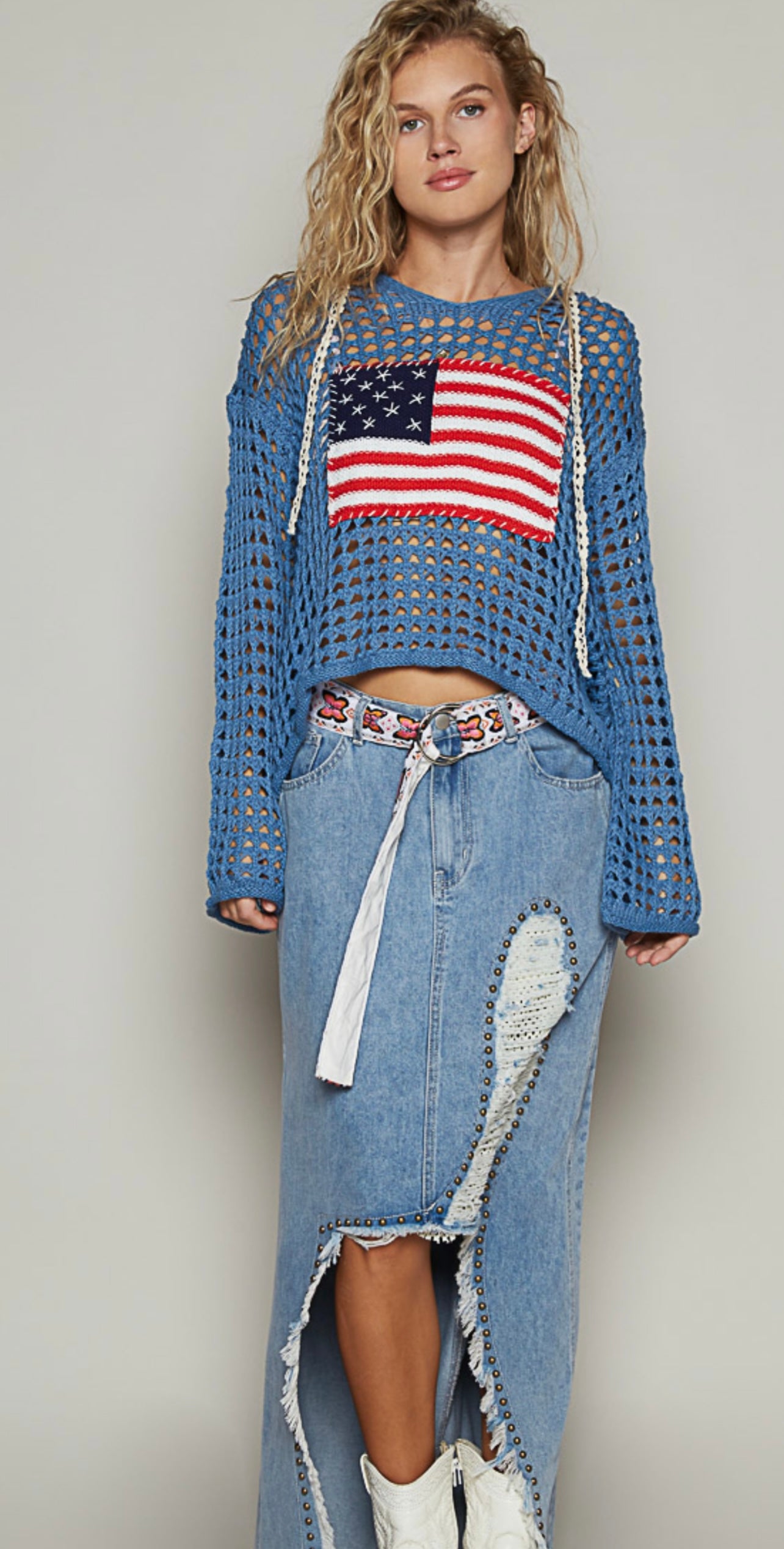 UST319 American Flag Crocheted Sweater Hoodie