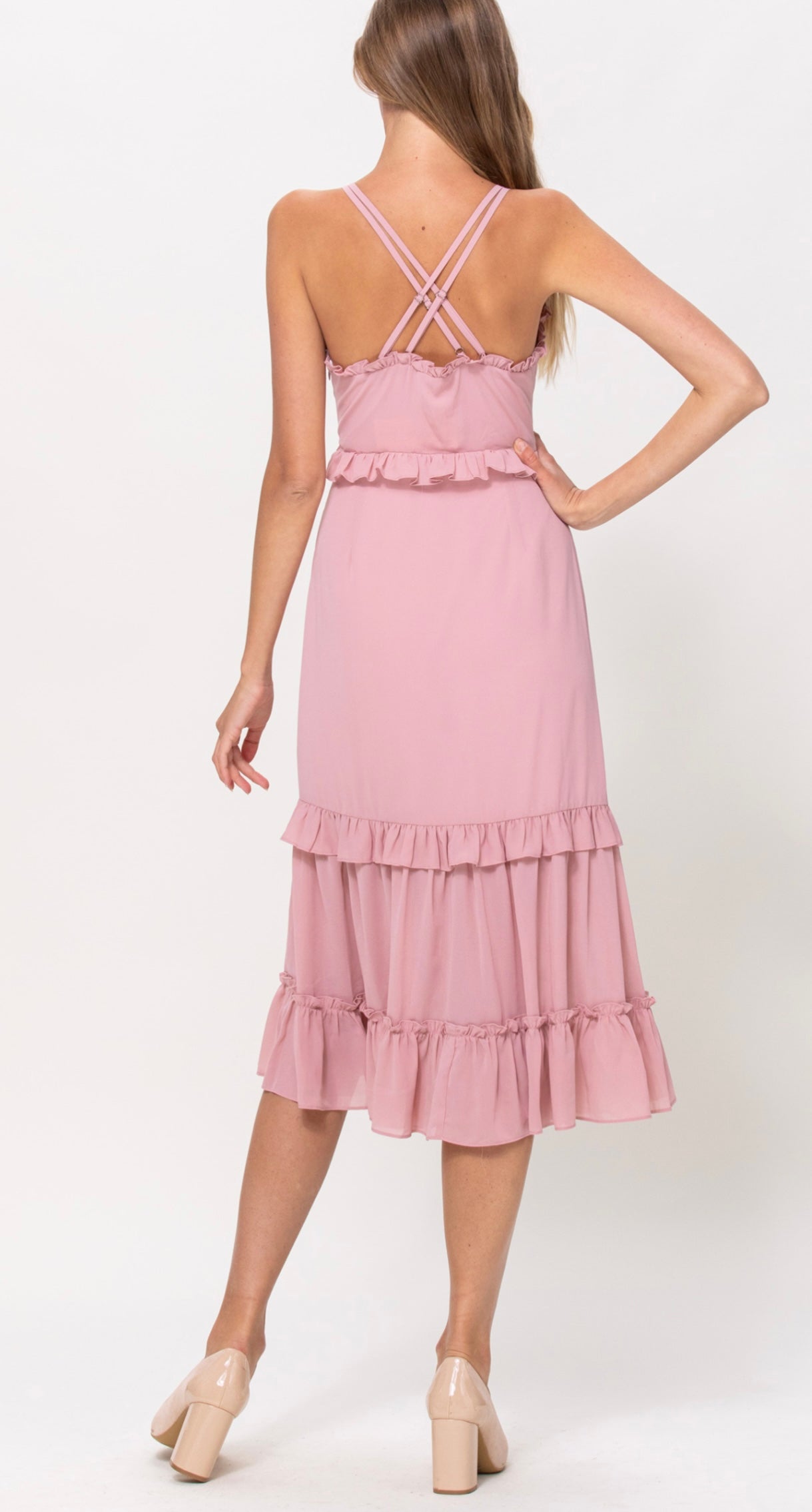 LD4262 Ruffle Button Detail Midi Dress