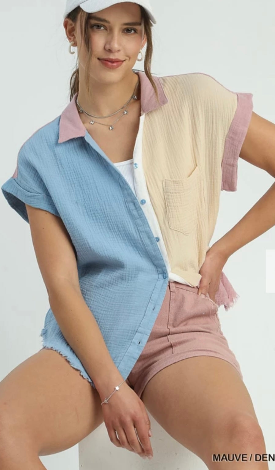 A0190 Color Block Gauze Button Up Short Folded Sleeve Top with Chest Pocket and Frayed Hemline
