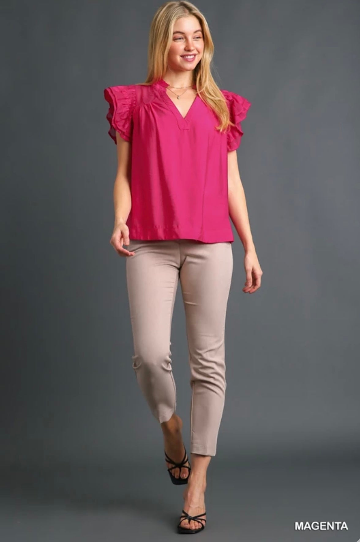 R0325 Jacquard Lace & Solid Woven Mixed Top with Double Flutter Sleeve