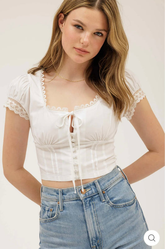 TB8779 LACE TRIM BUTTON DOWN FRONT TIE CROP TOP