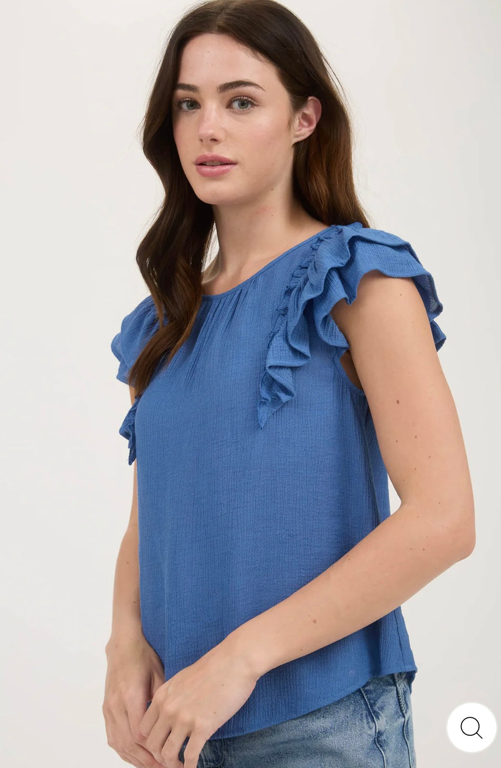 TB8904 RUFFLE DETAIL BACK BOW DETAIL SHORT SLEEVE TOP - MEDIUM BLUE