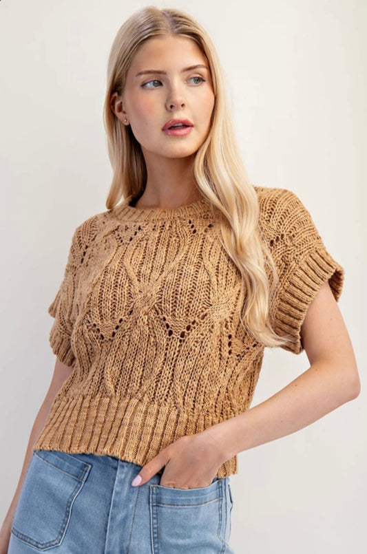 SG10081 Cable Knit Short Sleeve Sweater Top