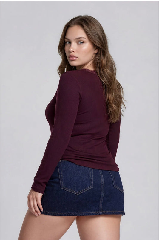 PTWS1129 PLUS LACE TRIM BUTTON DETAIL LONG SLEEVE KNIT TOP