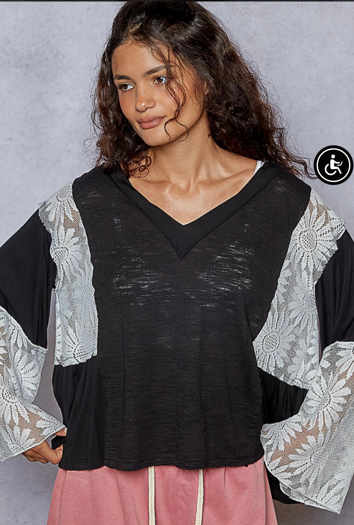 YKT1111 V-neck, flare sleeve, relaxed fit top in textured slub and POL jersey with lace detail-Indigo