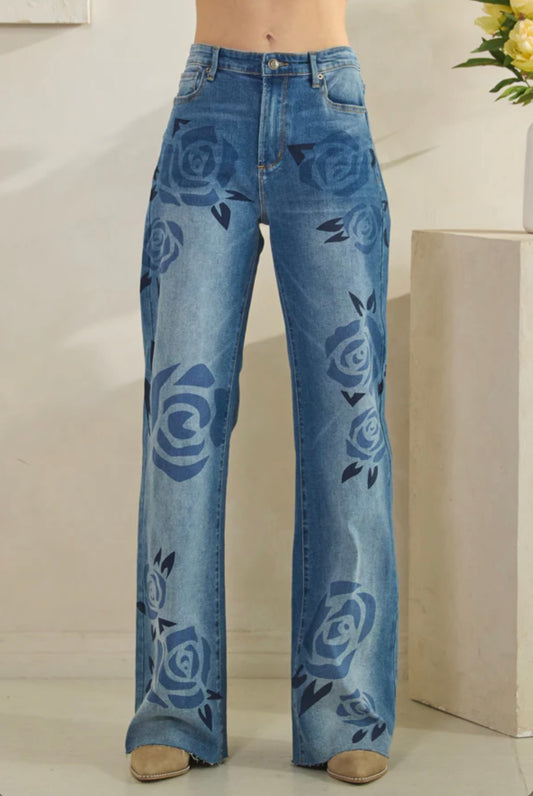 JP0924 | WASHED ROSE PRINT DETAIL MEDIUM WASH JEANS
