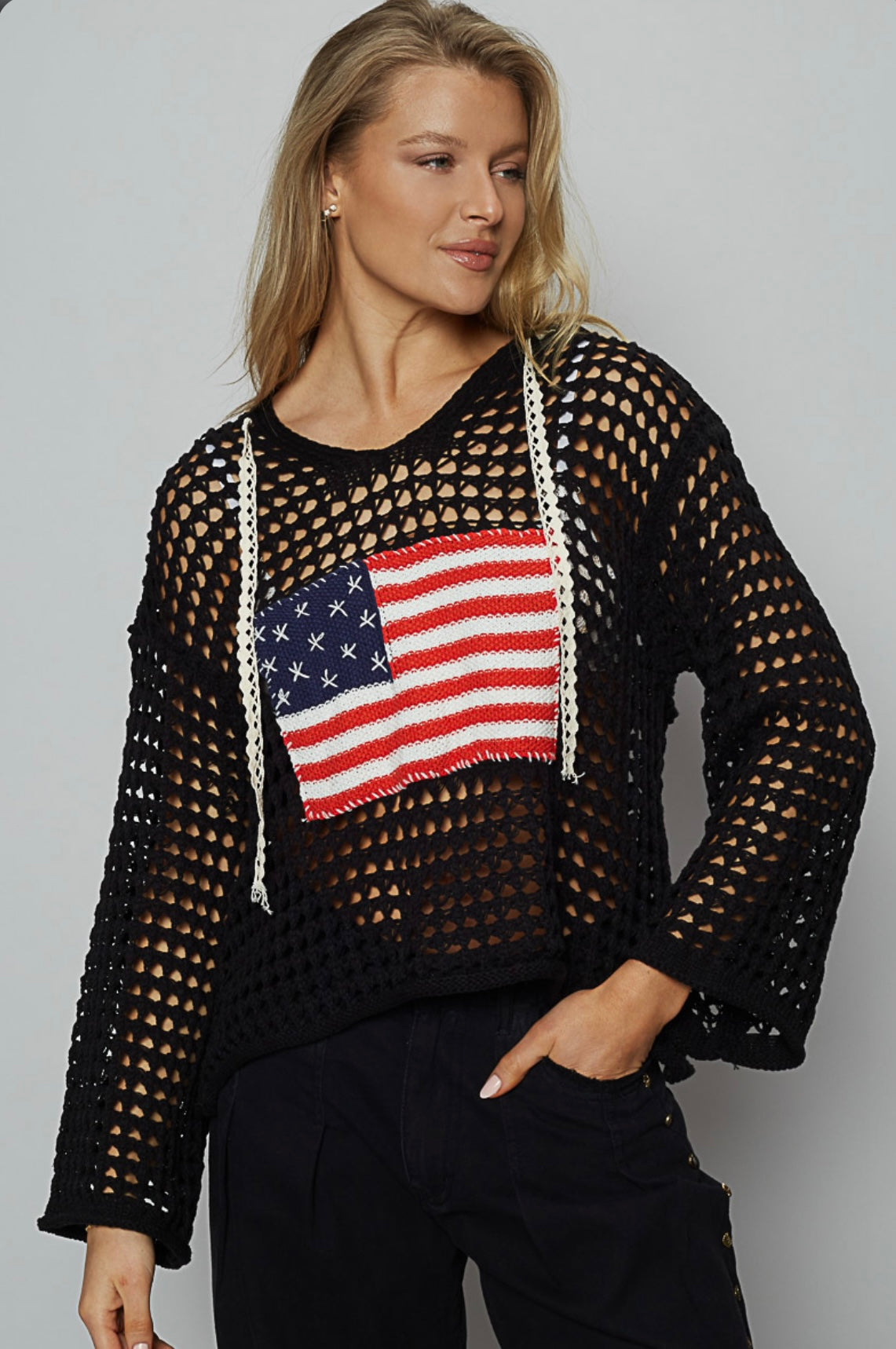 UST319 American Flag Crocheted Sweater Hoodie