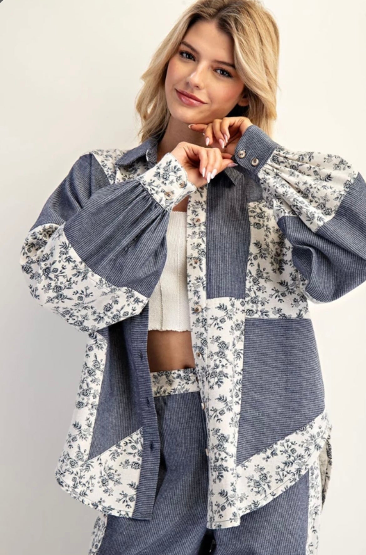 TY13137 Color Block Button Down Denim Shirt