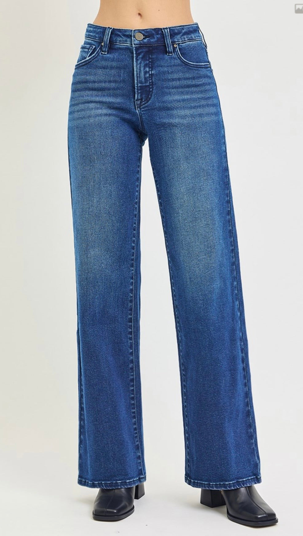 Risen Jeans-High Rise Wide Leg Jeans with Tummy Control and Shield Shaped Pockets