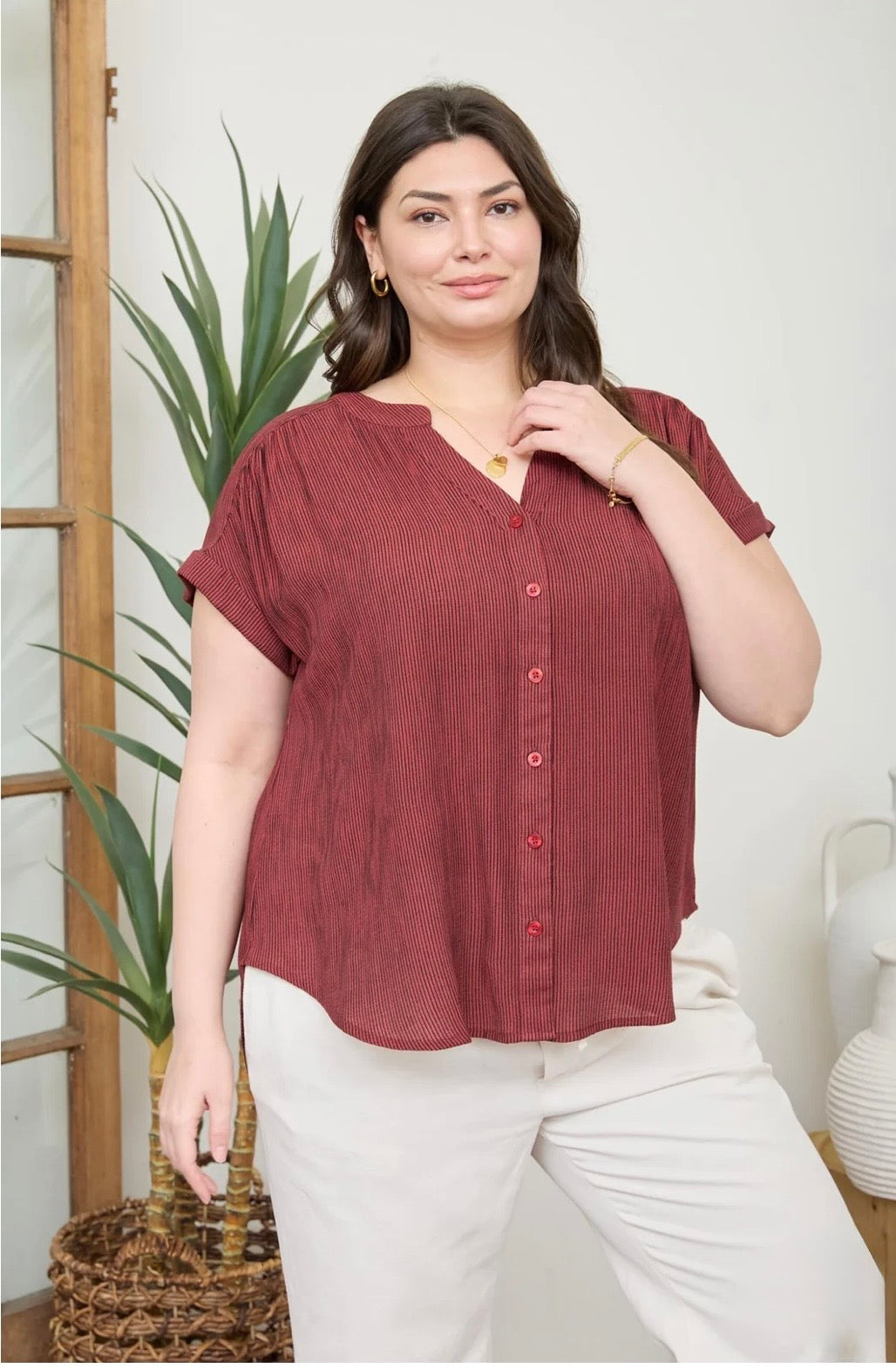 PCR2383 PLUS PINSTRIPE SHORT CUFF SLEEVE BUTTON DOWN SHIRT