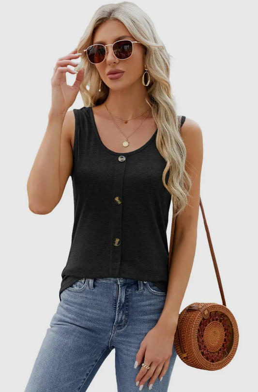 CWTBLSL0097 Round Neck Sleeveless Button Detailed Top