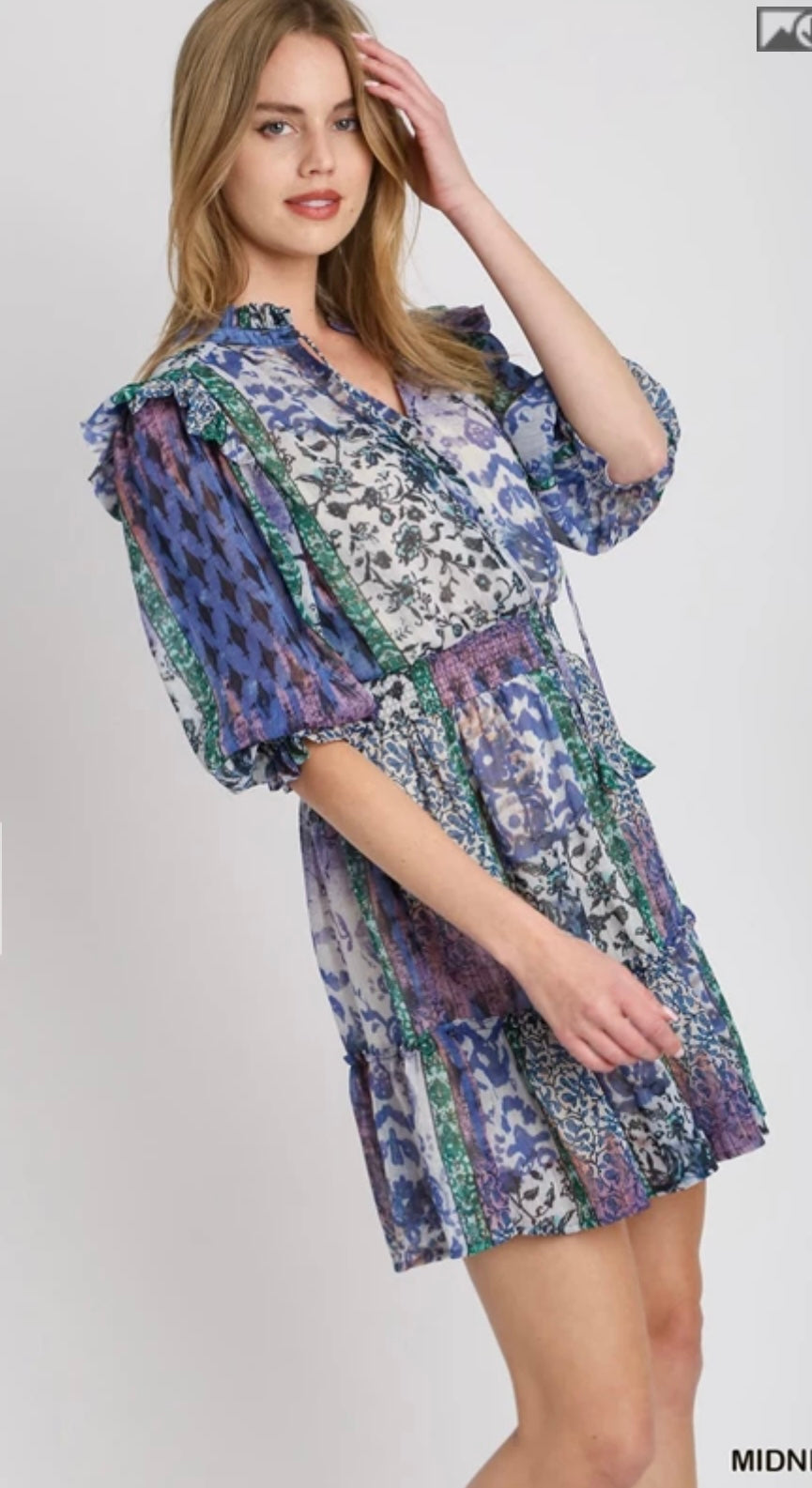R0832 Mixed Print Ruffle Neckline with Front Tie Dress with Elastic Smocked Waistband