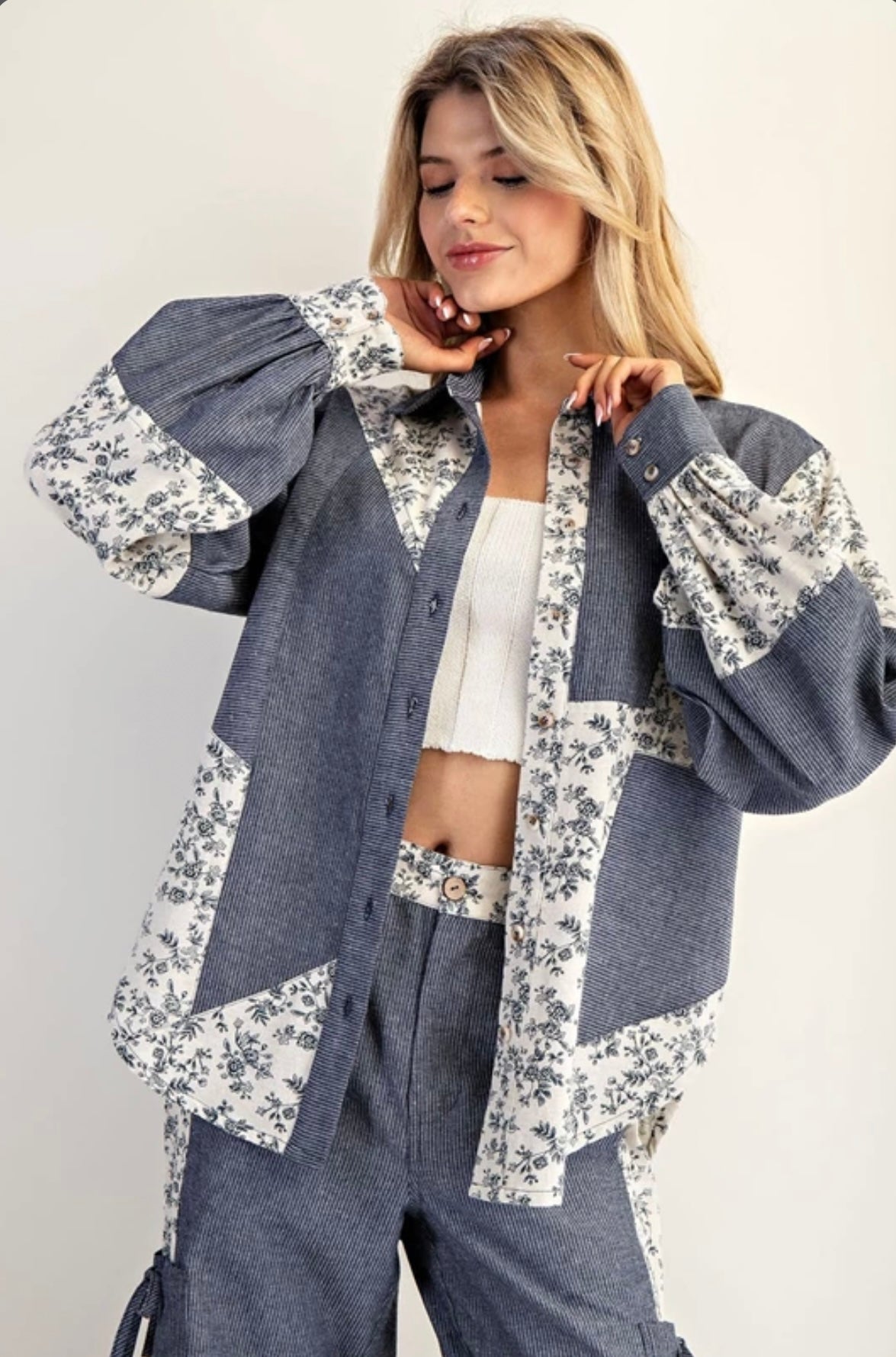 TY13137 Color Block Button Down Denim Shirt