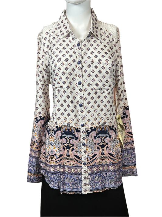 ARATTA Geometric Button Down Shirt with Embroidered Flower on back
