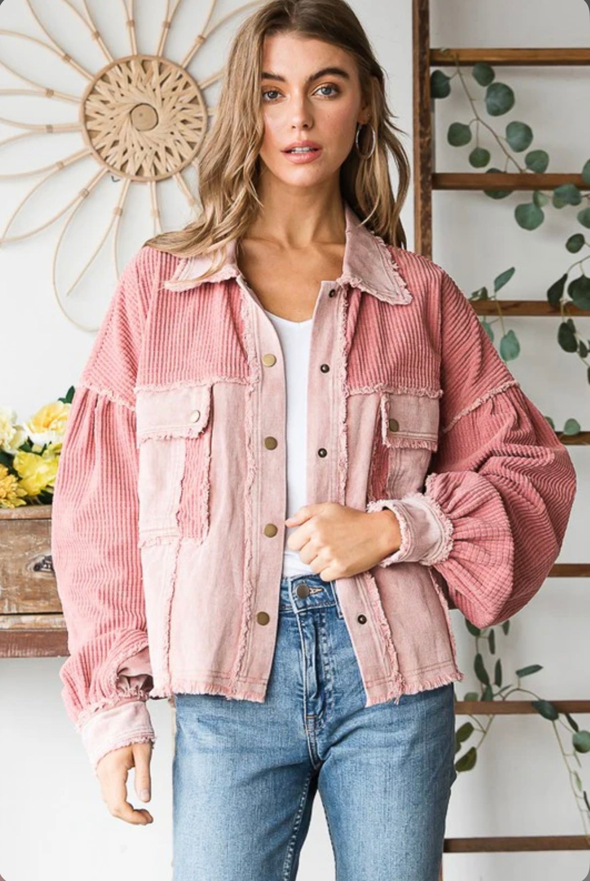 JJ0054 Washed Fabric Mixed Crop Jacket-Blush