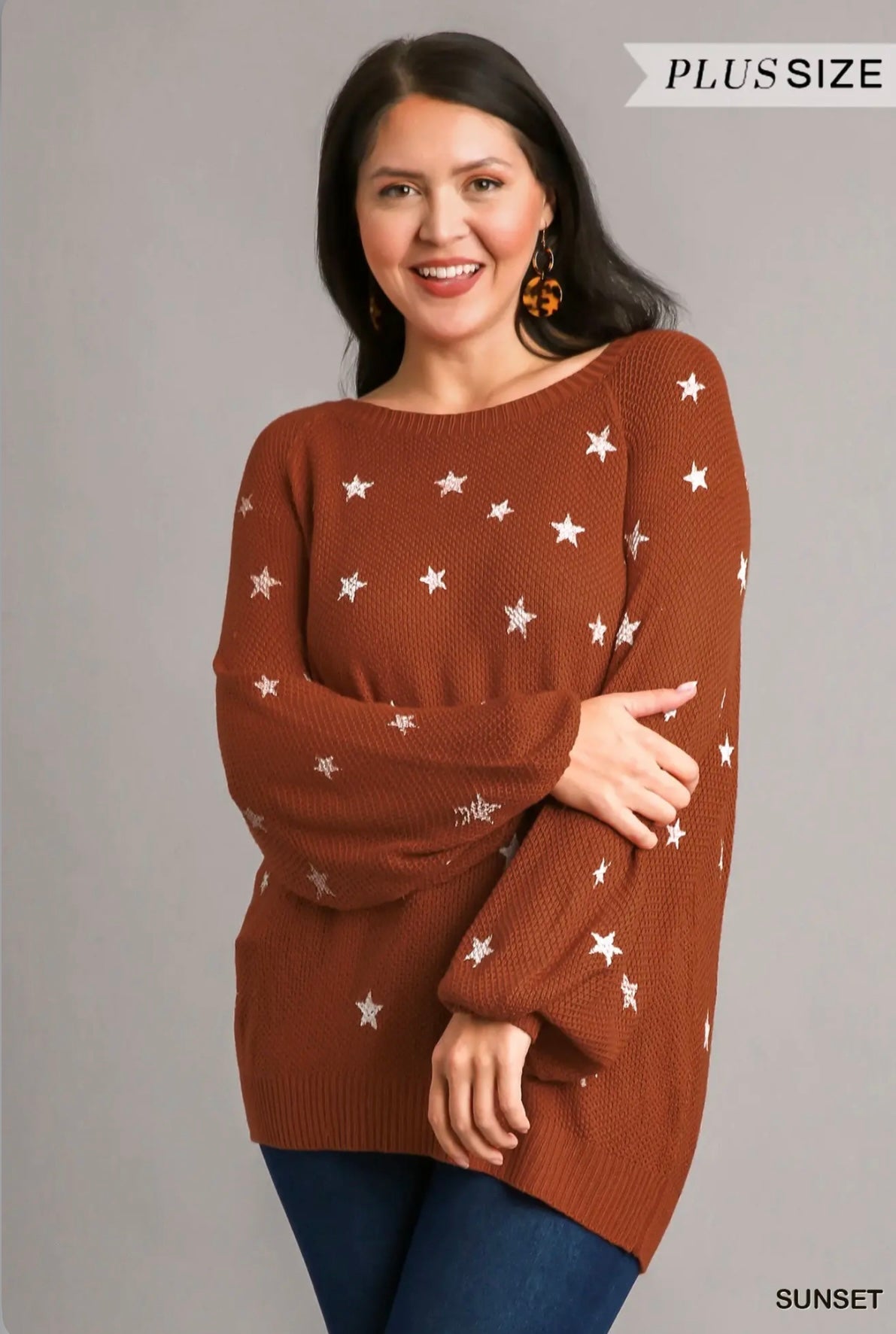 WA6081 Star Hand Stamped Round Neck Pullover Sweater