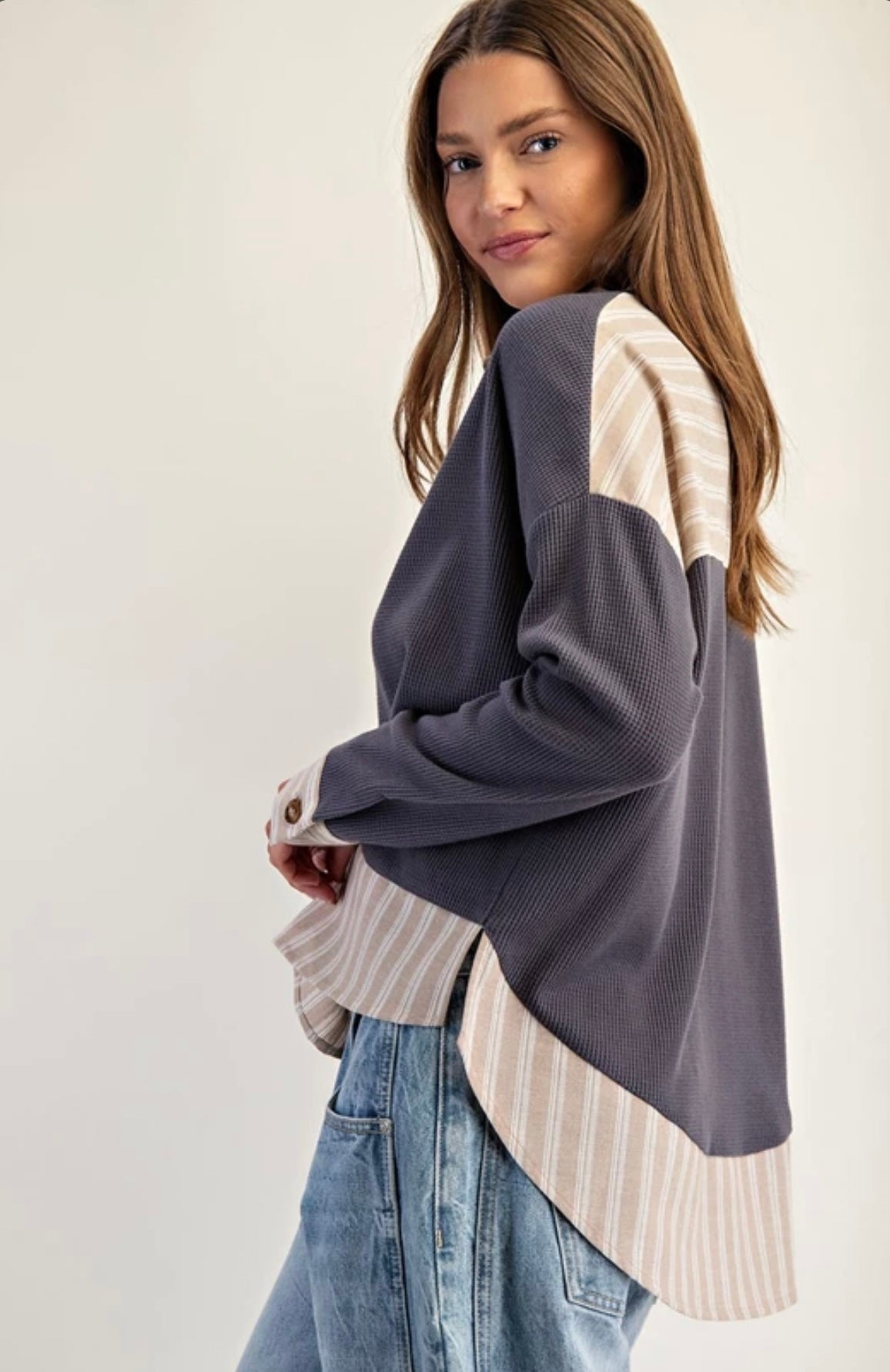 TK14113 Striped Contrast Trim Waffle Knit Collared Top