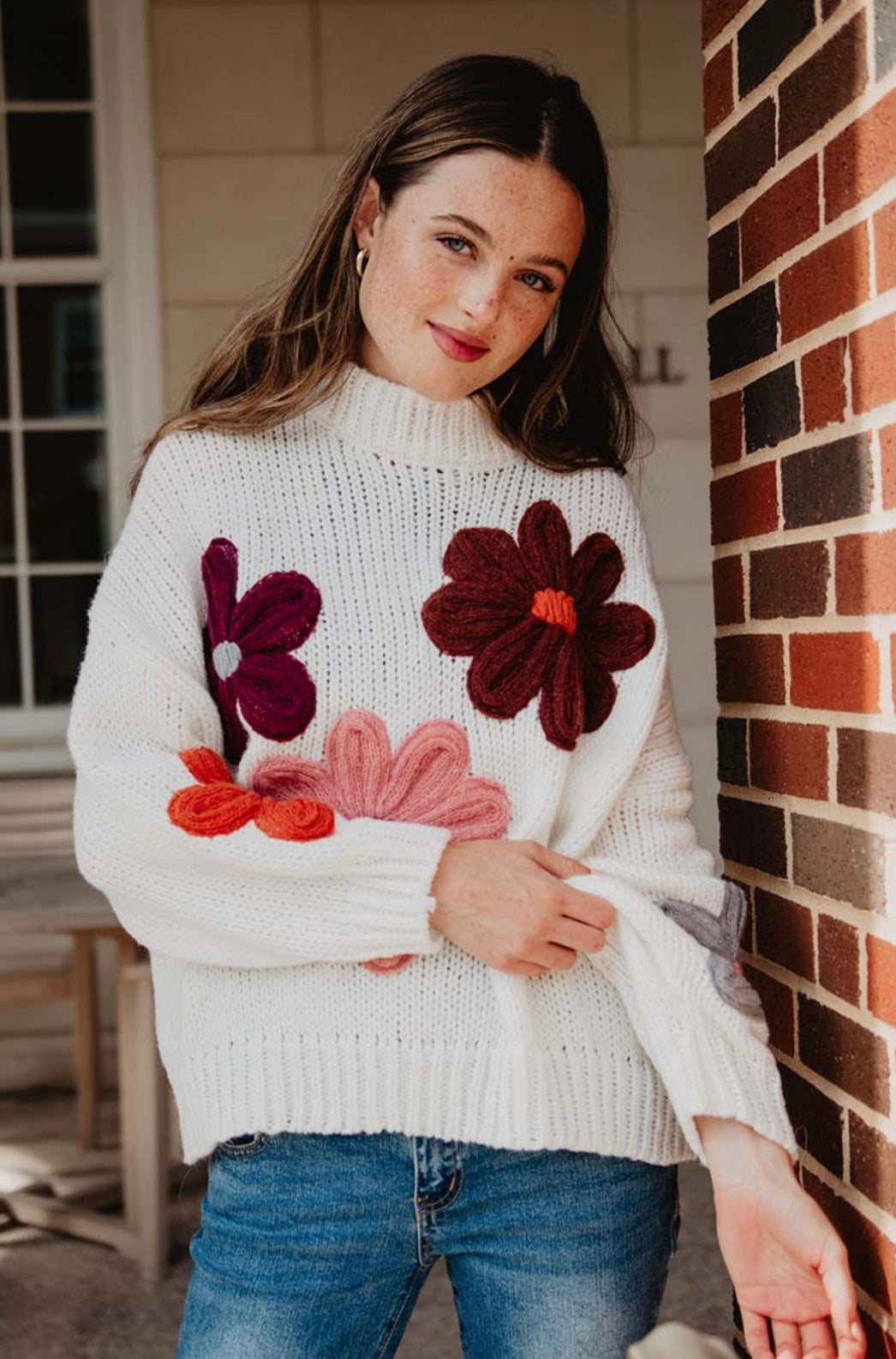 KDC-SWTR-03 TAN KNIT FLORAL STITCHED SWEATER