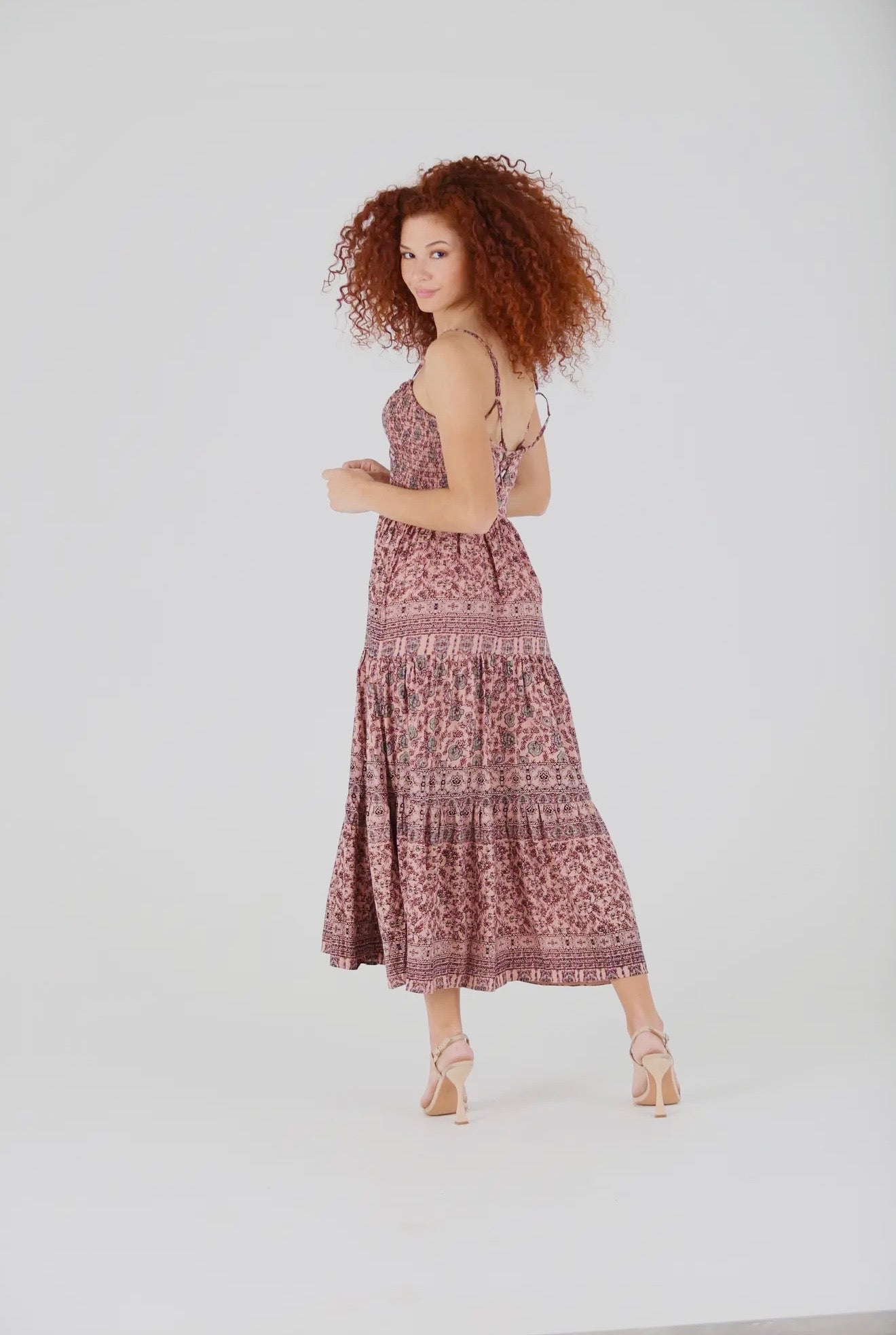 F4E88 Overdye Tie Neck Strappy Back Tiered Skirt Maxi Dress