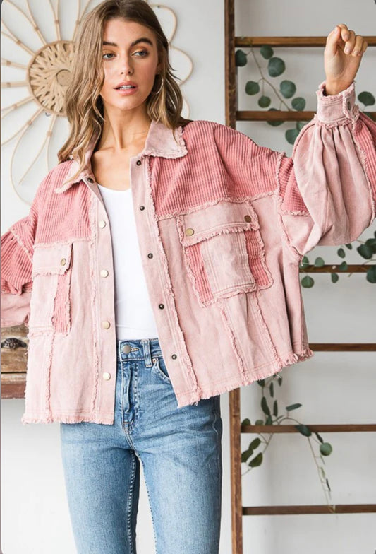 JJ0054 Washed Fabric Mixed Crop Jacket-Blush