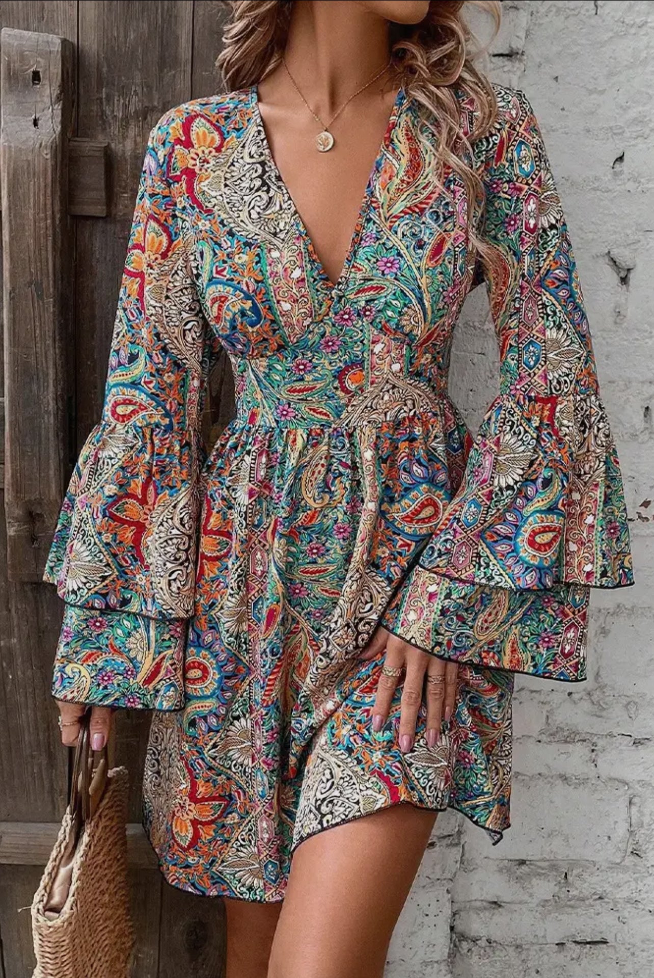 ZK1868 Summer Flare Sleeves V Neck Boho Printed Dress