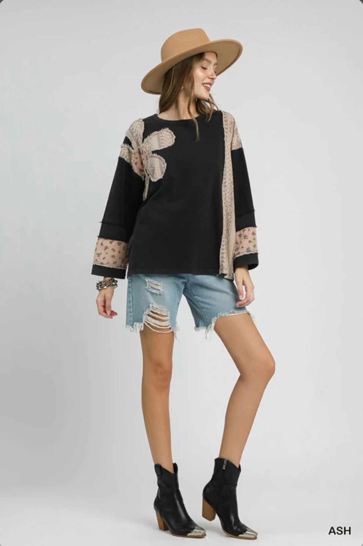 K0764  French Terry Patchwork Sleeve Pullover