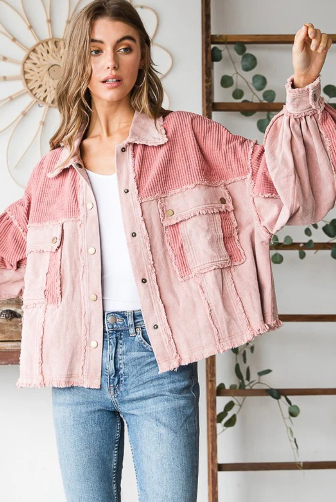 JJ0054 Washed Fabric Mixed Crop Jacket-Blush