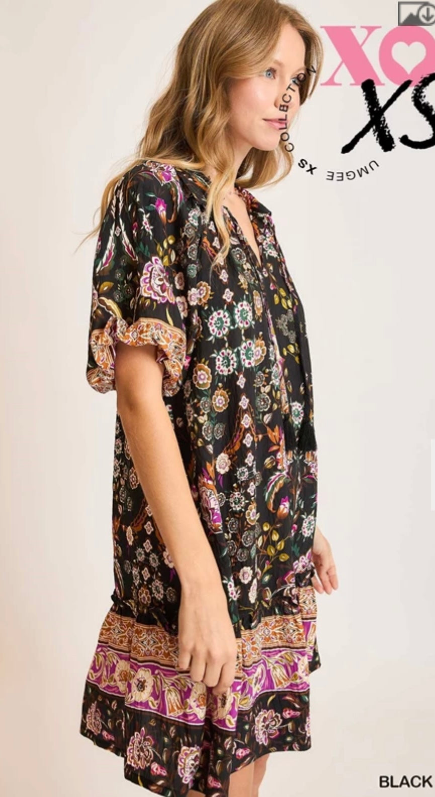 XS5092 Boho Chic Black Mix Floral Mini Dress