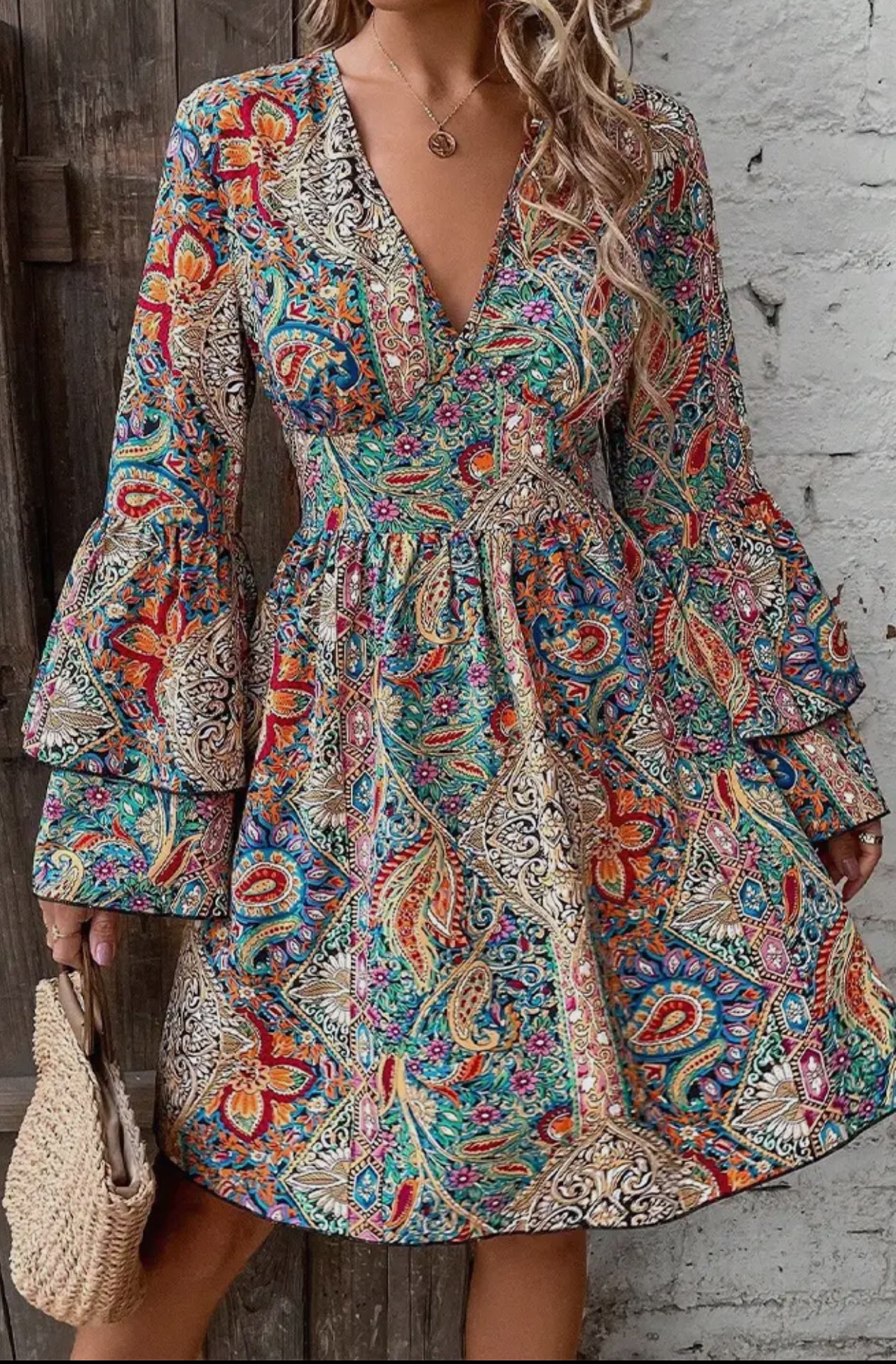 ZK1868 Summer Flare Sleeves V Neck Boho Printed Dress