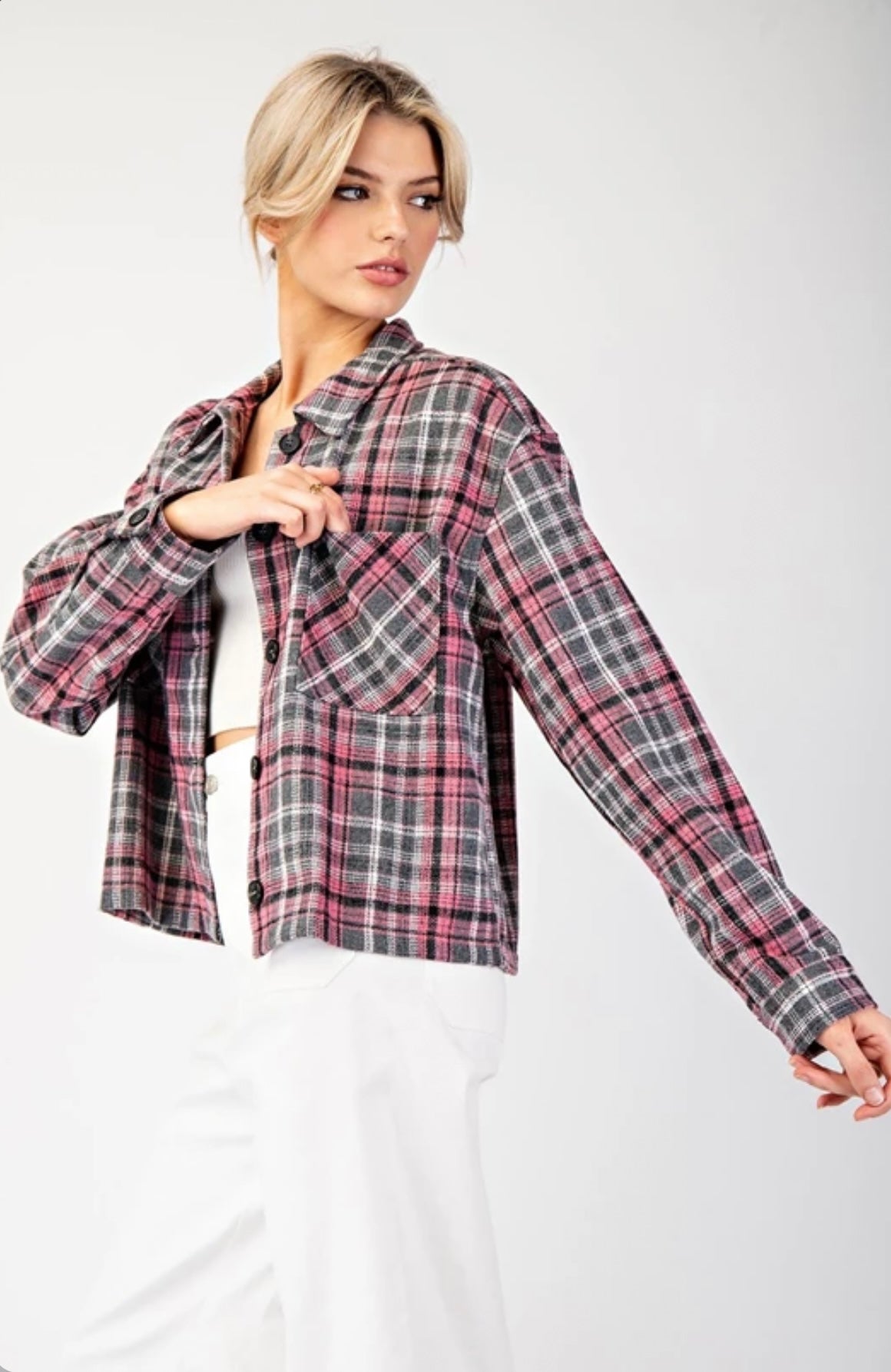 JK9095 MULTI-COLOR PLAID BUTTON DOWN SHACKET