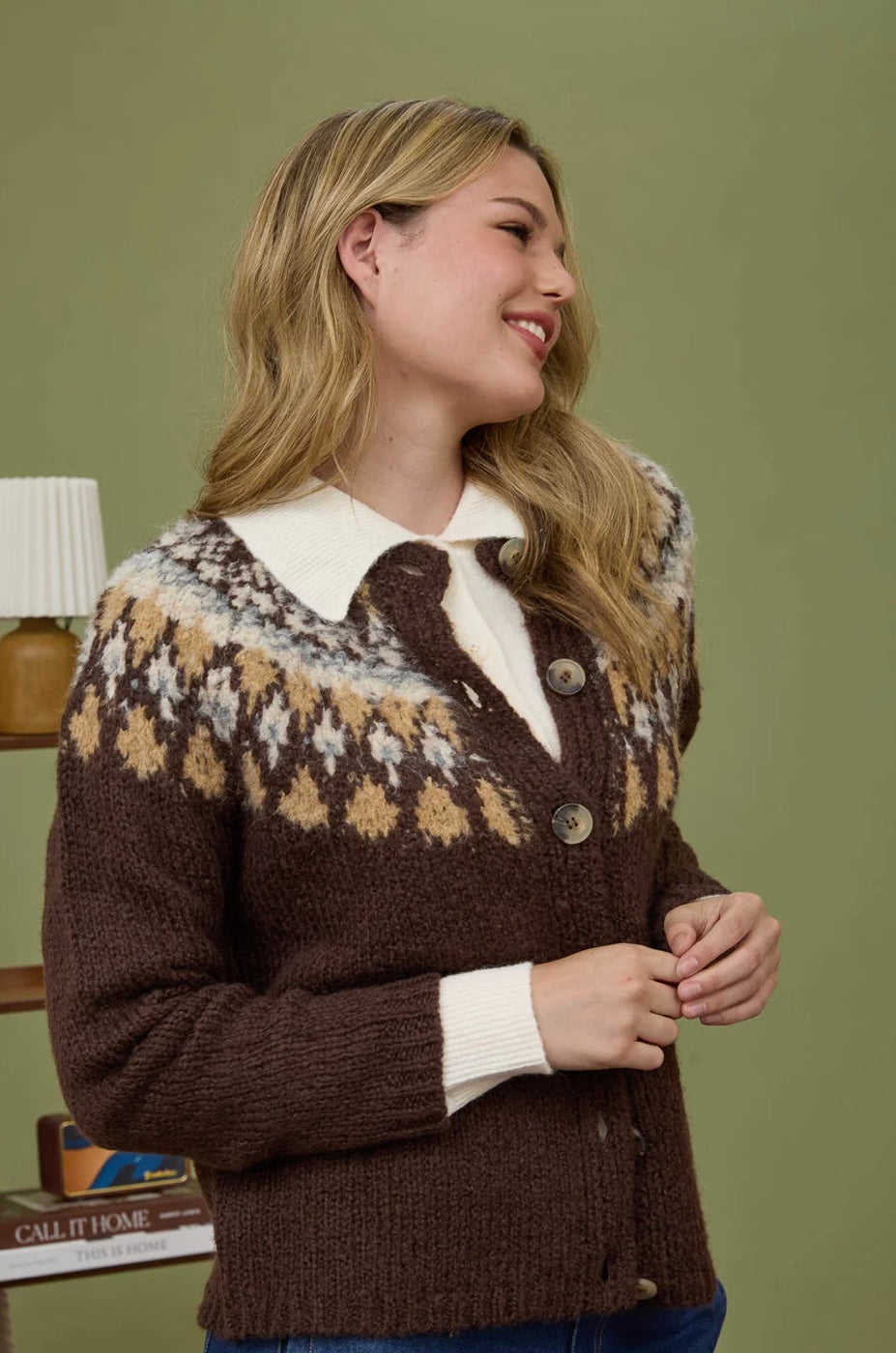 B5FJ1004 FAIR ISLE PATTERN LONG SLEEVE KNIT CARDIGAN