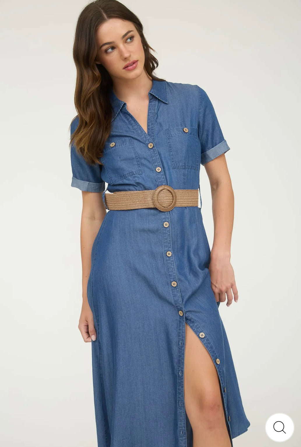 TB9023 CHAMBRAY COLLARED SHORT SLEEVE BELTED SHIRT DRESS