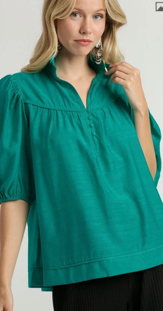 R9059 Solid Woven High Neck Boxy Cut Top with Button & Piping Details-ONLY MAUVE PINK LEFT